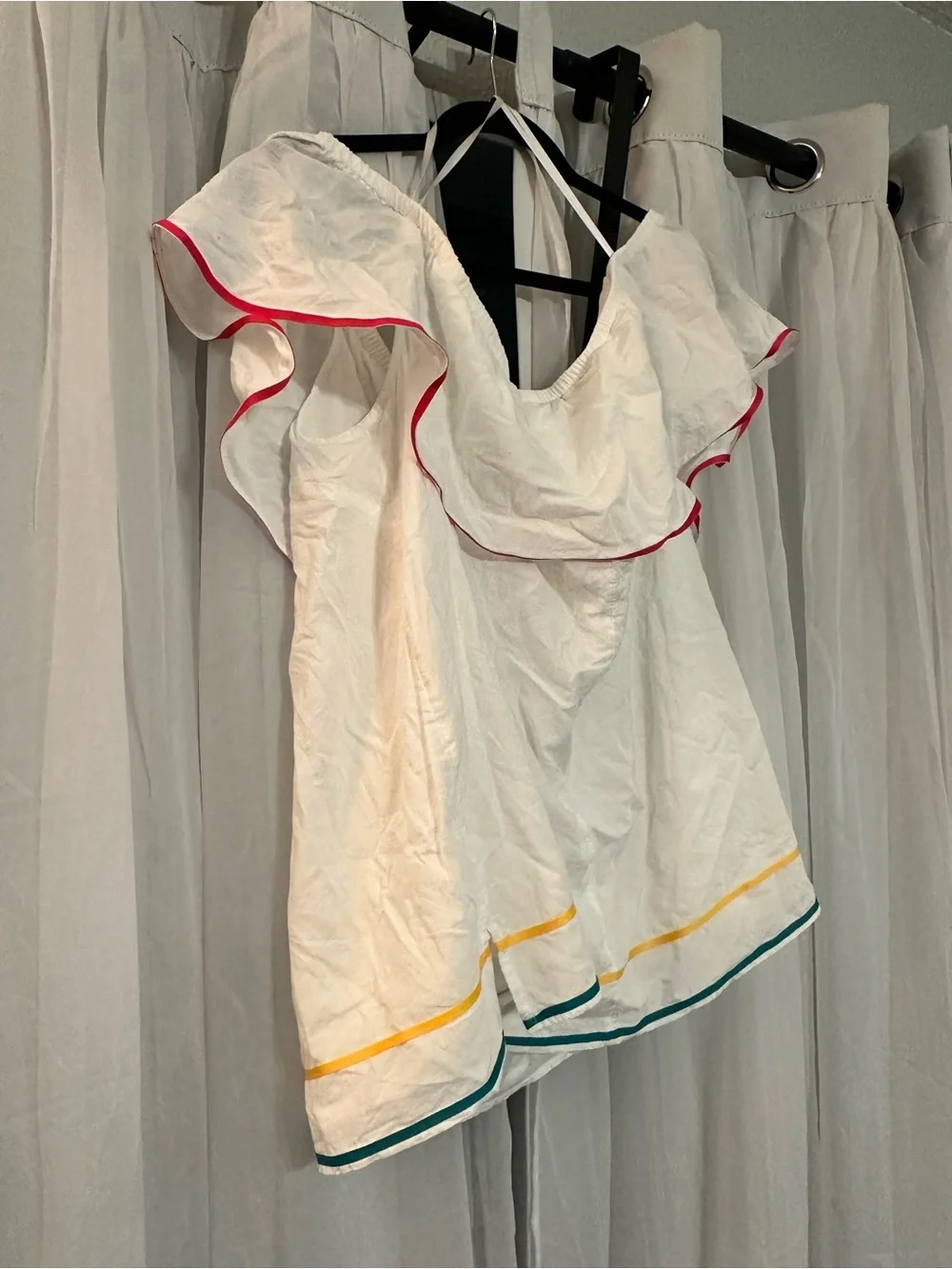 White Ruffle Off-Shoulder Top with Color Trim 100% Cotton